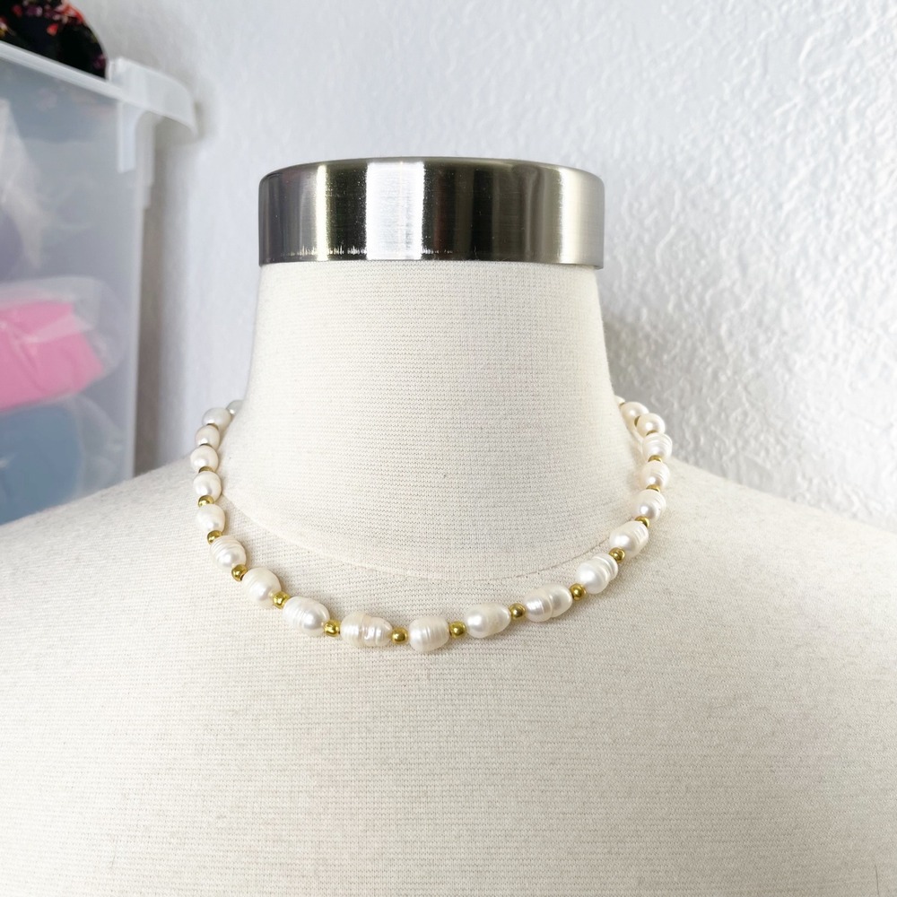 Freshwater Baroque Pearl Choker Necklace Gold Spacer Beads White 16 Inch